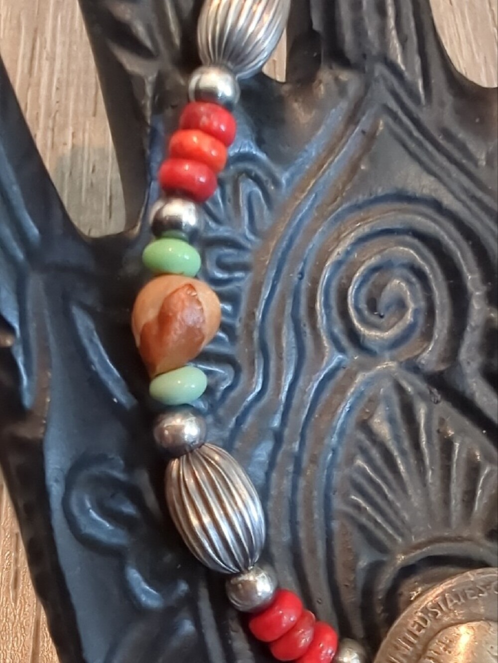 Navajo Handmade Buffalo Nickel Sterling Apple Coral Ghost Bead Bracelet - Picture 3 of 11